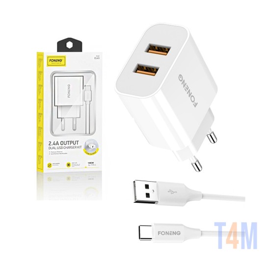 Carregador de Parede USB Rápido Foneng EU45 com Cabo Tipo C 2,4A Branco